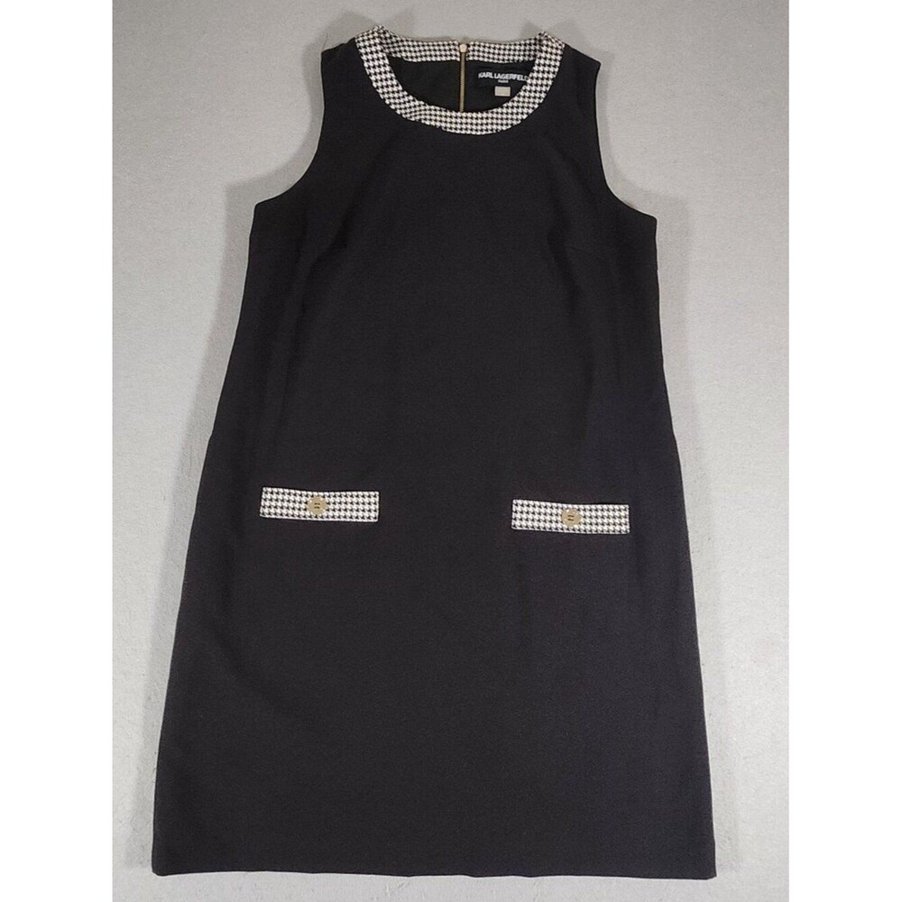 Karl Lagerfeld Sleeveless Black Shift Dress w/ Neckline Houndstooth Trim Size 12 - Picture 2 of 9